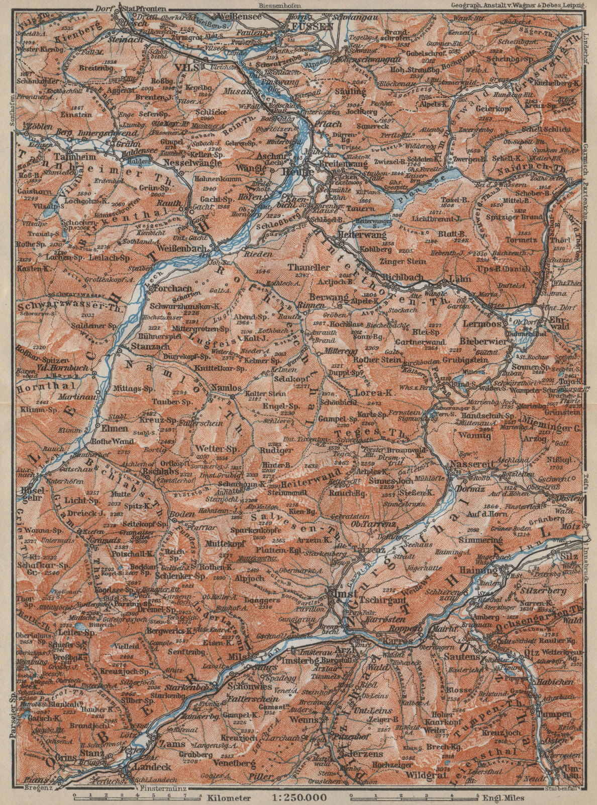 LECHQUELLENGEBIRGE range. Reutte Imst Füssen Lechtal Oberinntal karte 1914 map